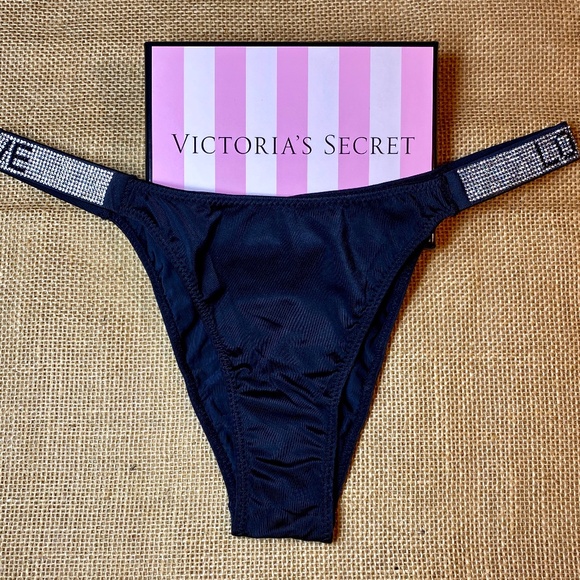 Victoria Secret Black Bombshell Brazilian Rhinestone VS Logo Panty Small NWT